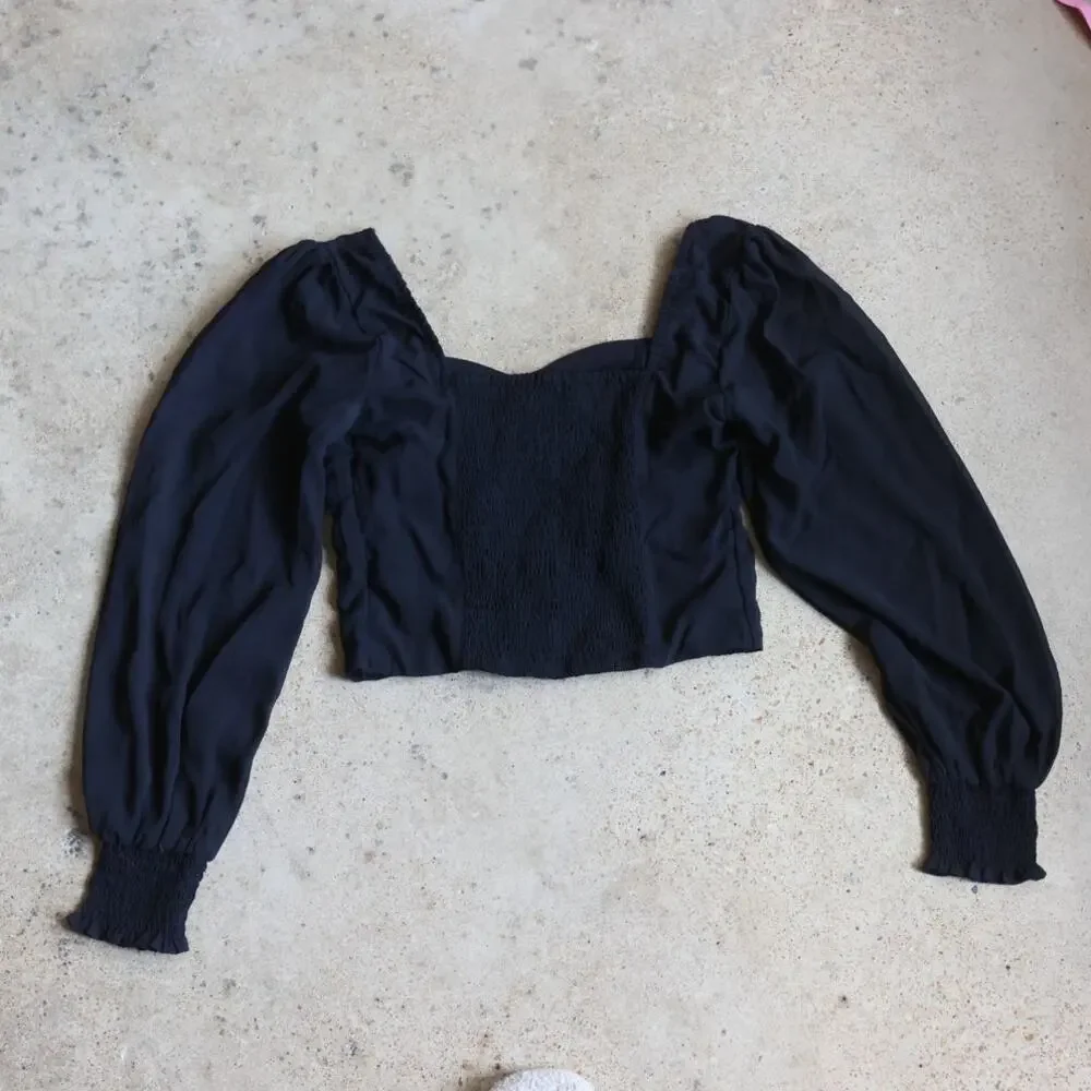 Abercrombie Black Puff Sleeve Cropped Blouse Y2K Coquette M